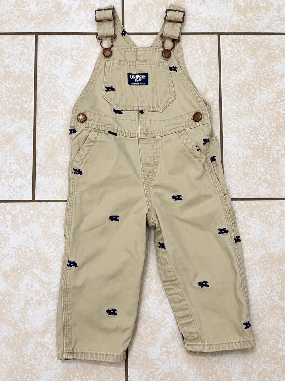 OshKosh B'gosh Tan Overalls with Navy Embroidery
